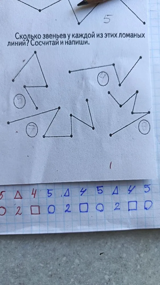 Сколько звеньев у каждой из этих ломаных линий? Сосчитай и напиши.