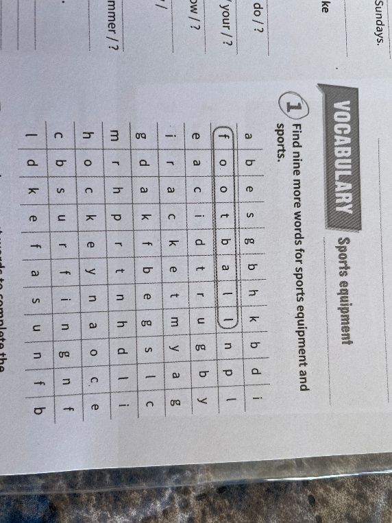 Find nine more words for sports equipment and sports.