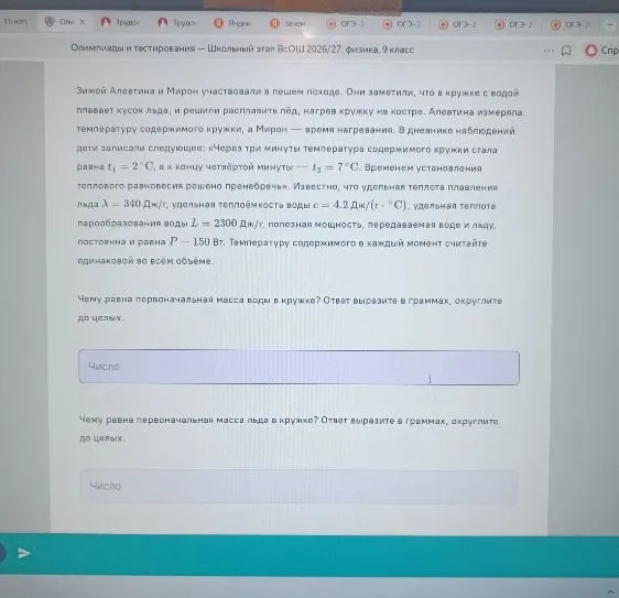 Чему равна первоначальная масса воды в кружке? Ответ выразите в граммах, округлите до целых.