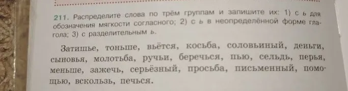 211. Распределите слова по трем группам и запишите их: 1) ь для обозначения мягкости согласного; 2) ь в неопределенной форме глагола; 3) с разделительным ь.