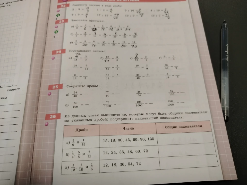 Сократите дробь: а) 24/40 =... б) 60/100 =... Из данных чисел выпишите те, которые могут быть общими знаменателями указанных дробей; подчеркните наименьший знаменатель.
