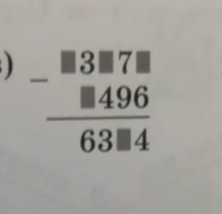 Восстановите пропущенные цифры в примере: [ ] 3 [ ] 7 [ ] - [ ] 4 9 6 = 6 3 [ ] 4