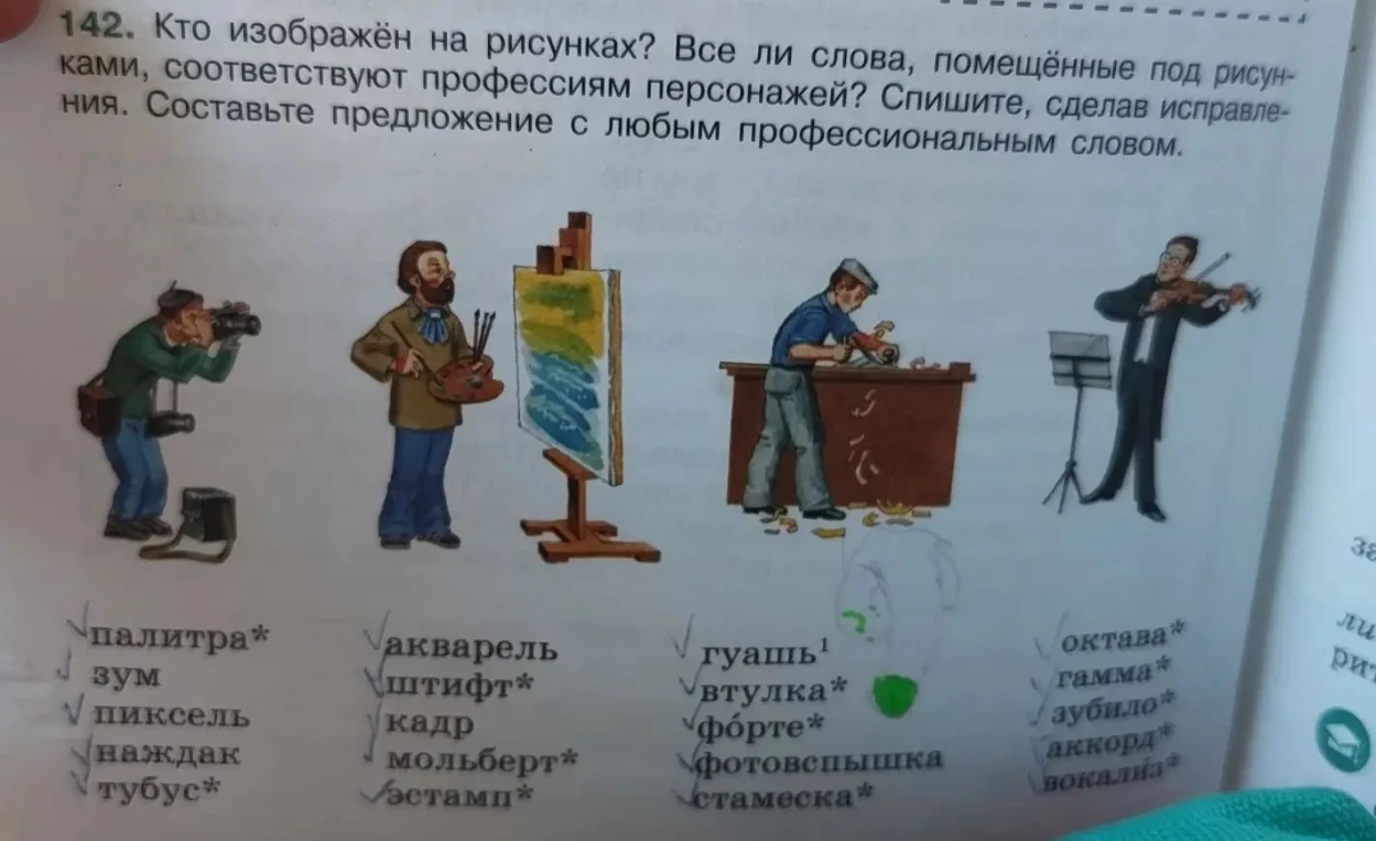 142. Кто изображён на рисунках? Все ли слова, помещённые под рисунками, соответствуют профессиям персонажей? Спишите, сделав исправления. Составьте предложение с любым профессиональным словом.