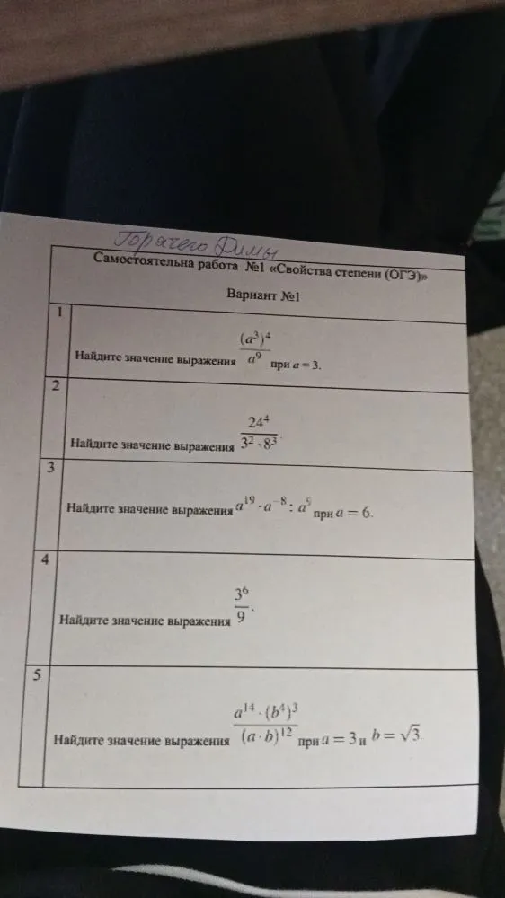 Самостоятельная работа №1 «Свойства степени (ОГЭ)» Вариант №1