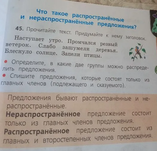 Прочитайте текст. Придумайте к нему заголовок. Определите, в какие две группы можно распределить предложения. Спишите предложения, которые состоят только из главных членов (подлежащего и сказуемого).