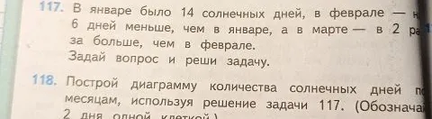117. В январе было 14 солнечных дней, в феврале — на 6 дней меньше, чем в январе, а в марте — в 2 раза больше, чем в феврале.