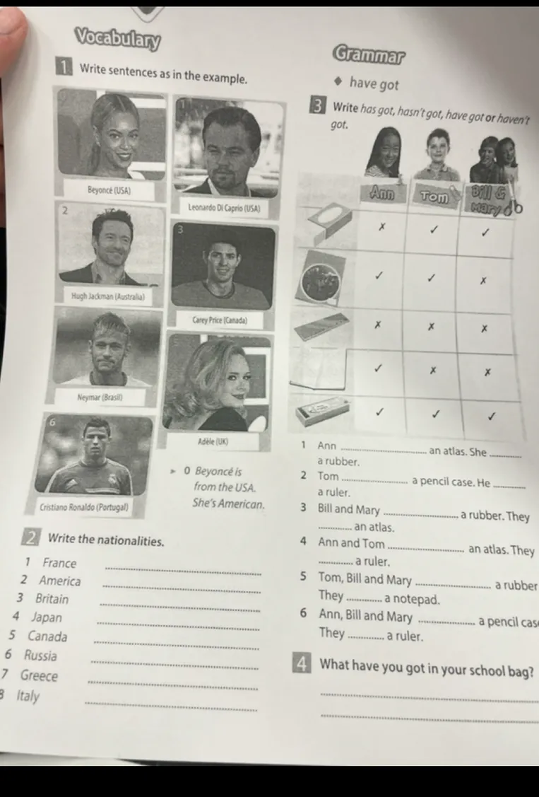 1 Write sentences as in the example. 2 Write the nationalities. 3 Write has got, hasn't got, have got or haven't got. 4 What have you got in your school bag?