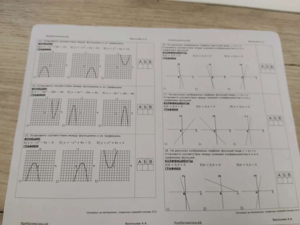 13. Установите соответствие между функциями и их графиками. А) y = -x^2 + 6x - 10   Б) y = -x^2 - 6x - 10   В) y = x^2 - 6x + 10