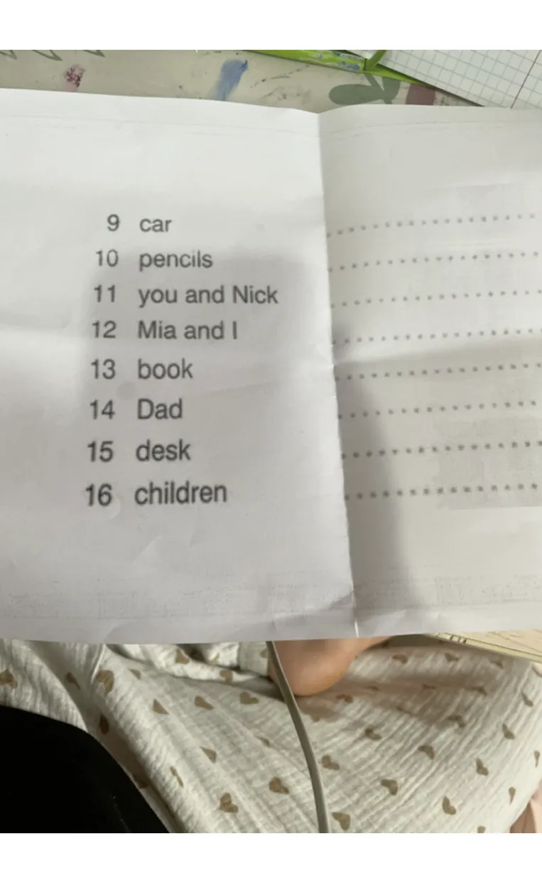 9 car 10 pencils 11 you and Nick 12 Mia and I 13 book 14 Dad 15 desk 16 children