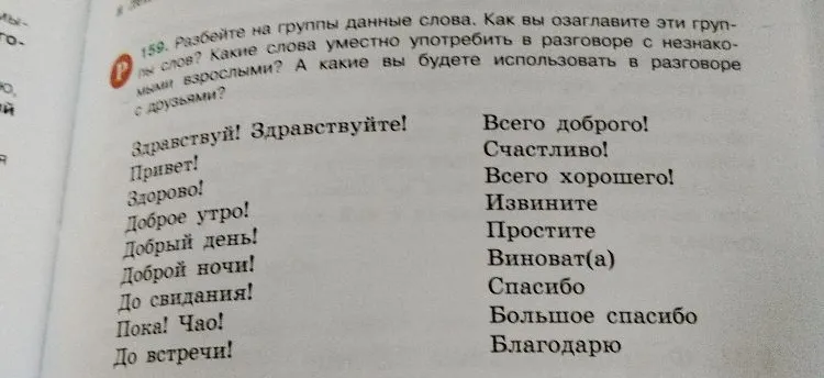 Разбейте на группы данные слова. Как вы озаглавите эти группы слов? Какие слова уместно употребить в разговоре с незнакомыми взрослыми? А какие вы будете использовать в разговоре с друзьями?