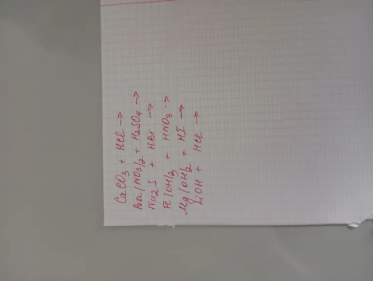 CaCO3 + HCl ->, Ba(NO3)2 + H2SO4 ->, Na2S + HBr ->, Fe(OH)3 + HNO3 ->, Mg(OH)2 + HI ->, LiOH + HCl ->