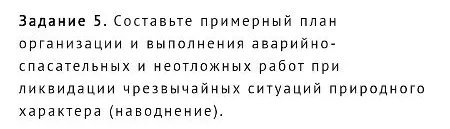 Задание 5. Составьте примерный план организации и выполнения аварийно-спасательных и неотложных работ при ликвидации чрезвычайных ситуаций природного характера (наводнение).