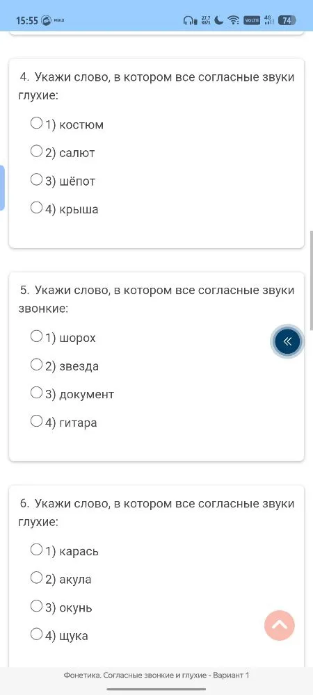 Укажи слово, в котором все согласные звуки глухие: