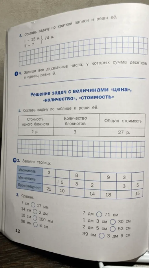 Составь задачу по краткой записи и реши её. I - 25 к. II - ? } 74 к.