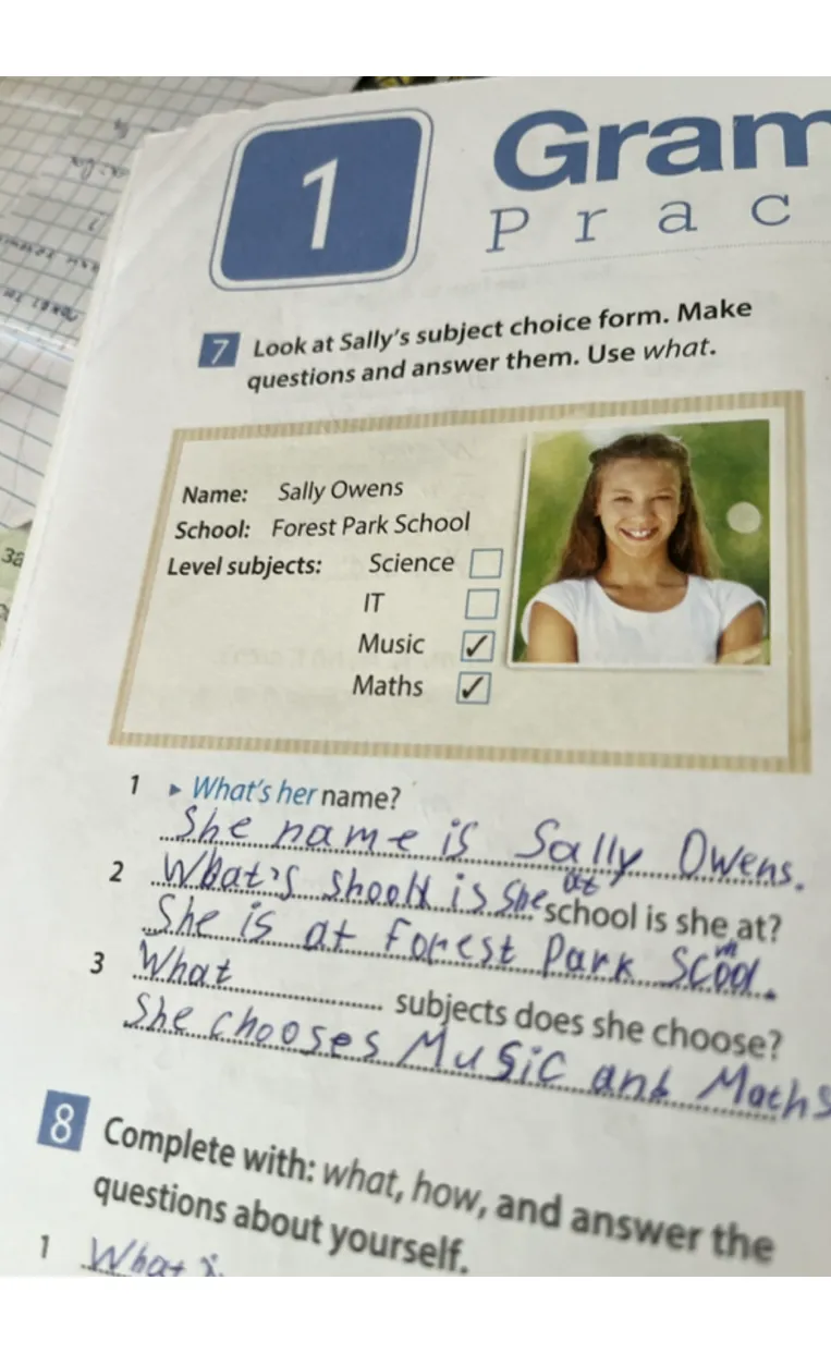 Look at Sally's subject choice form. Make questions and answer them. Use what.