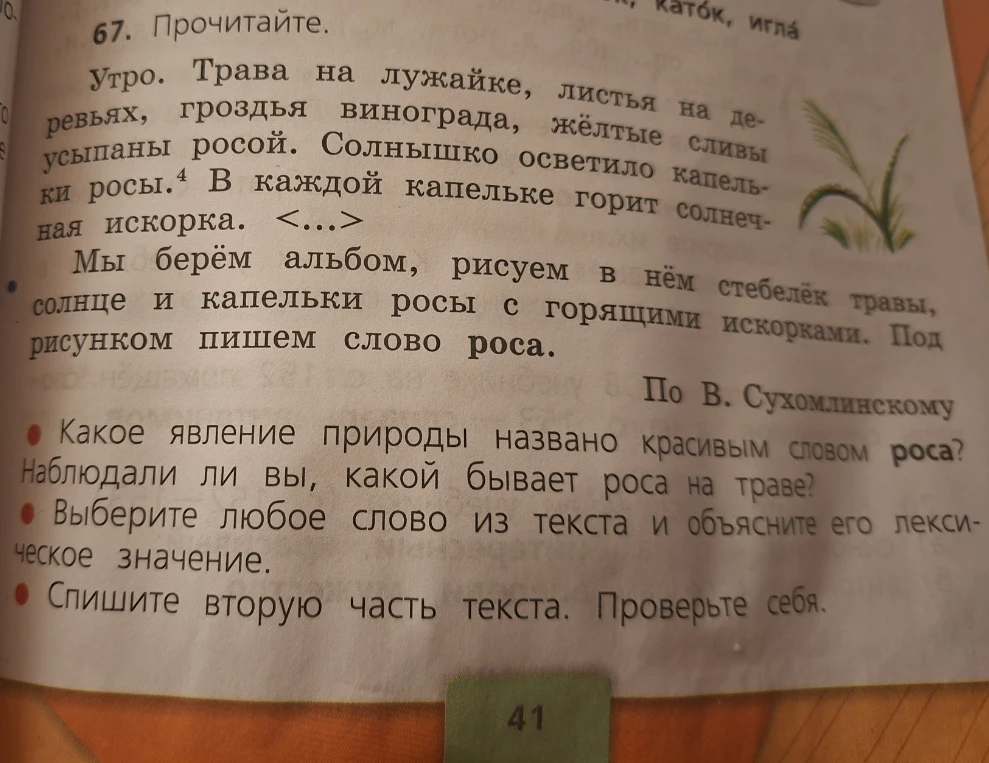 67. Прочитайте. Утро. Трава на лужайке, листья на деревьях, гроздья винограда, жёлтые сливы усыпаны росой. Солнышко осветило капельки росы. В каждой капельке горит солнечная искорка. <...>