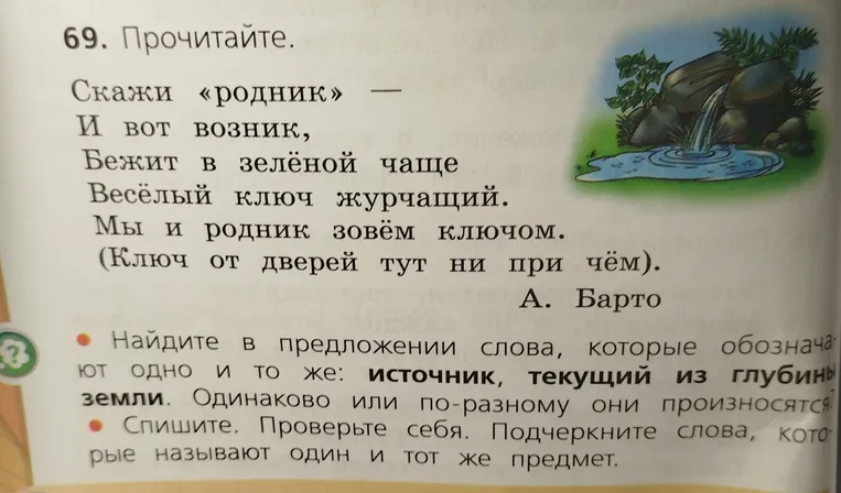 69. Прочитайте. Найдите в предложении слова, которые обозначают одно и то же: источник, текущий из глубины земли. Одинаково или по-разному они произносятся? Спишите. Проверьте себя. Подчеркните слова, которые называют один и тот же предмет.