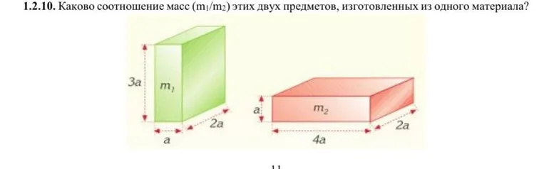 1.2.10. Каково соотношение масс (m1/m2) этих двух предметов, изготовленных из одного материала?