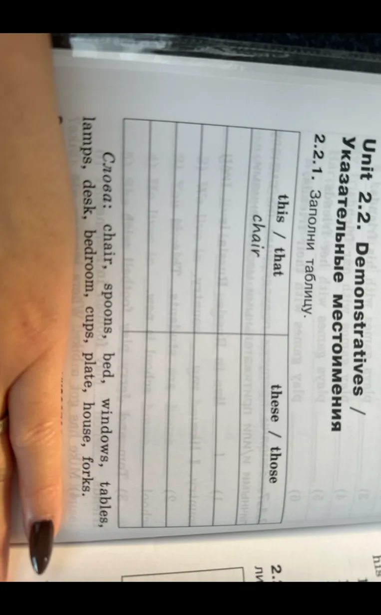 Unit 2.2. Demonstratives / Указательные местоимения. 2.2.1. Заполни таблицу.
