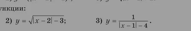 2) y = sqrt(|x - 2| - 3); 3) y = 1 / (|x - 1| - 4).