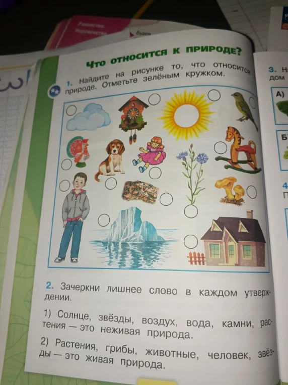 Что относится к природе? Найдите на рисунке то, что относится к природе. Отметьте зелёным кружком.