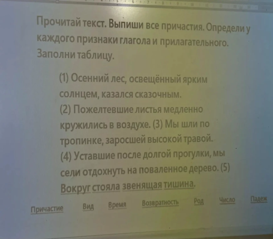 Прочитай текст. Выпиши все причастия. Определи у каждого признаки глагола и прилагательного. Заполни таблицу.