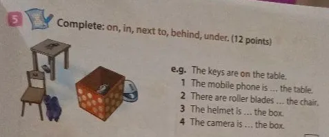 Complete: on, in, next to, behind, under. (12 points)