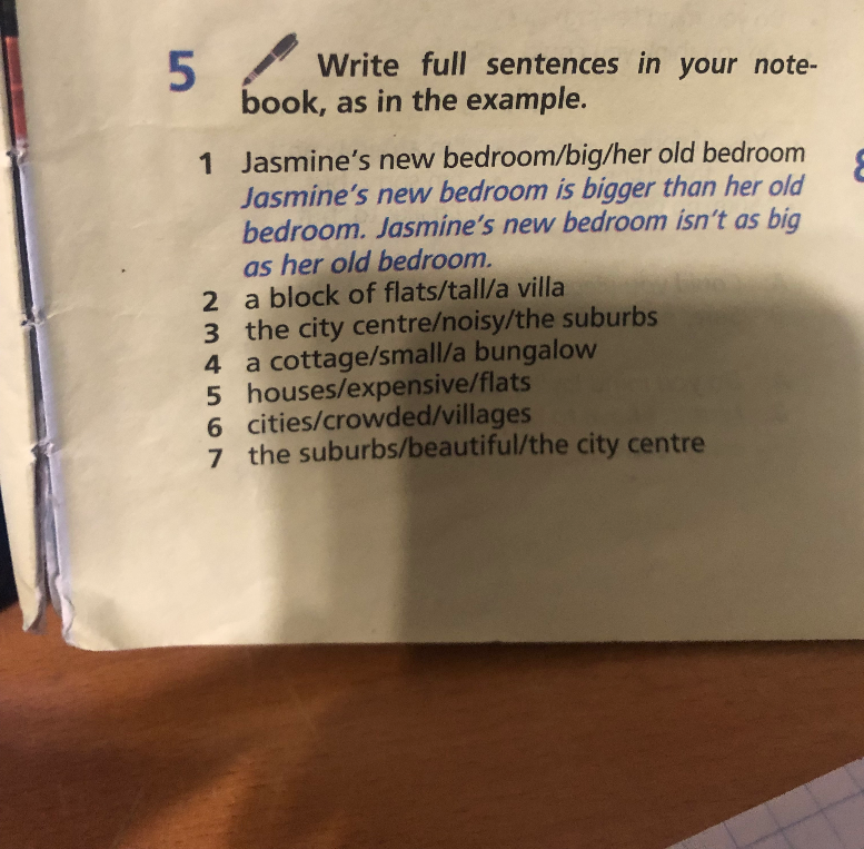 Write full sentences in your notebook, as in the example.