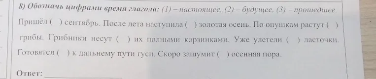 Обозначь цифрами время глагола: (1) – настоящее, (2) – будущее, (3) – прошедшее.