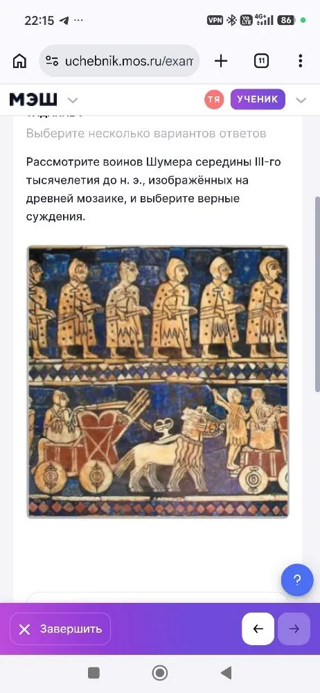 Рассмотрите воинов Шумера середины III-го тысячелетия до н. э., изображённых на древней мозаике, и выберите верные суждения.
