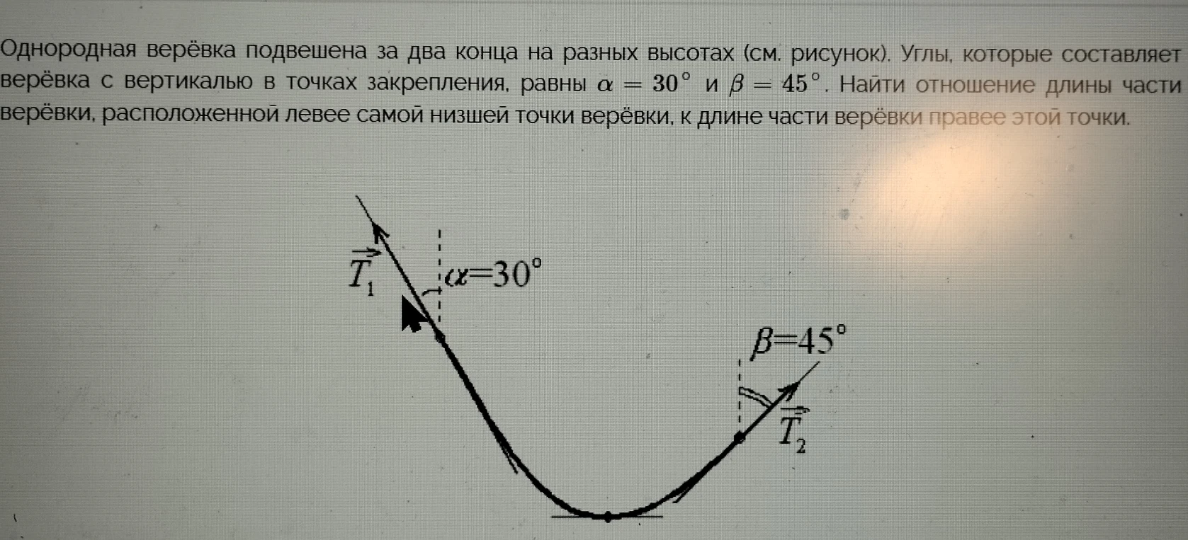 Однородная верёвка подвешена за два конца на разных высотах (см. рисунок). Углы, которые составляет верёвка с вертикалью в точках закрепления, равны α = 30° и β = 45°. Найти отношение длины части верёвки, расположенной левее самой низшей точки верёвки, к длине части верёвки правее этой точки.