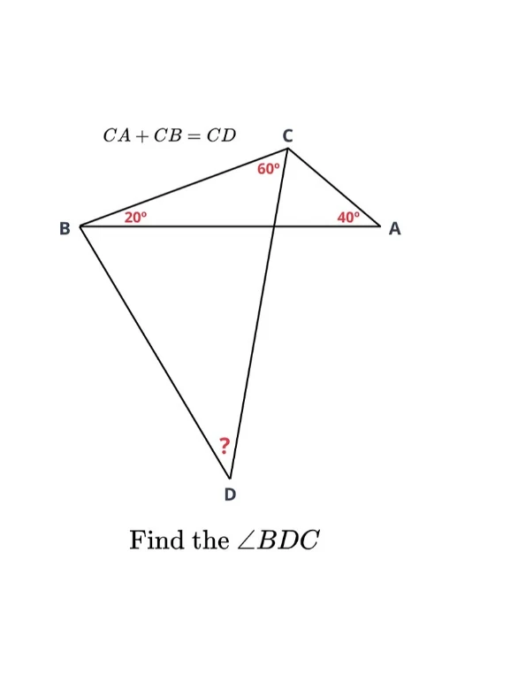 CA + CB = CD. Find the ∠BDC
