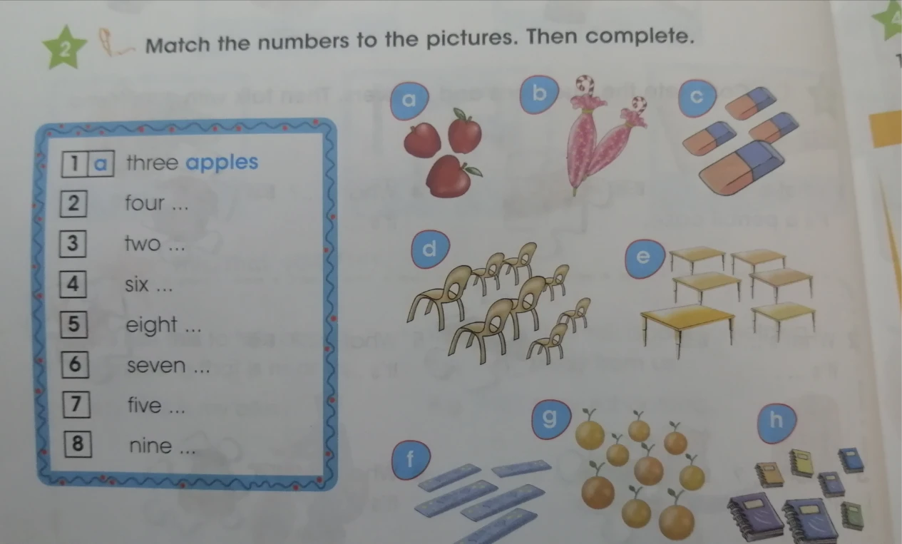 Match the numbers to the pictures. Then complete.