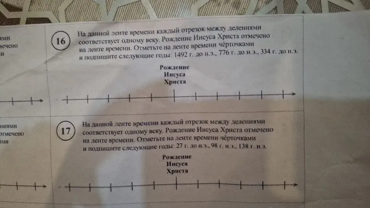 На данной ленте времени каждый отрезок между делениями соответствует одному веку. Рождение Иисуса Христа отмечено на ленте времени. Отметьте на ленте времени чёрточками и подпишите следующие годы...