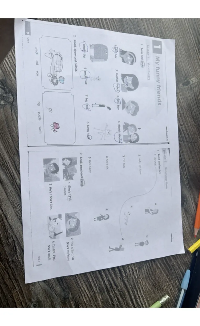 Lesson 1 Vocabulary (Look and circle, Read, draw and colour), Lesson 2 Grammar time (Read and match, Look, read and circle).