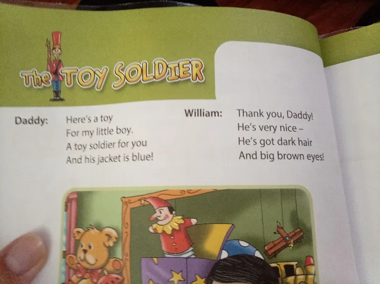 The image contains a short poem titled "The Toy Soldier" featuring a dialogue between Daddy and William.