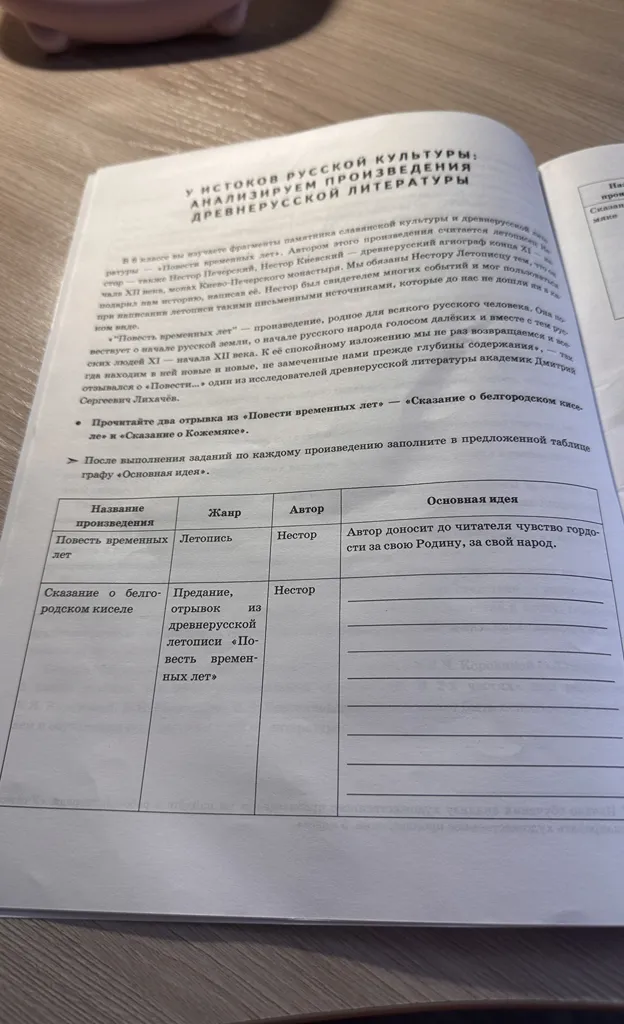 Прочитайте два отрывка из «Повести временных лет» — «Сказание о белгородском киселе» и «Сказание о Кожемяке». После выполнения заданий по каждому произведению заполните в предложенной таблице графу «Основная идея».