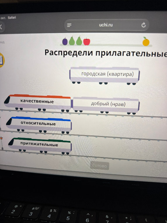Распредели прилагательные: городская (квартира), добрый (нрав) по категориям: качественные, относительные, притяжательные.