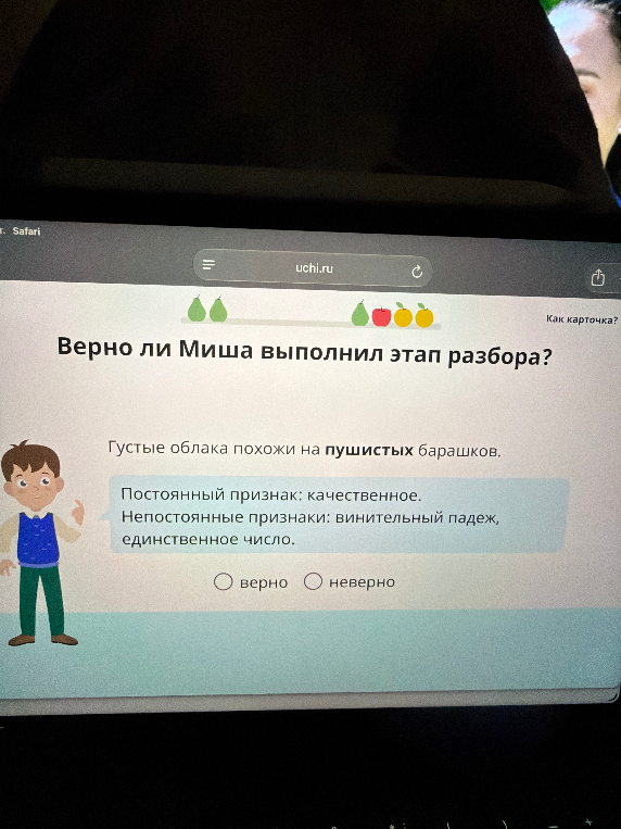 Верно ли Миша выполнил этап разбора? Густые облака похожи на пушистых барашков. Постоянный признак: качественное. Непостоянные признаки: винительный падеж, единственное число.