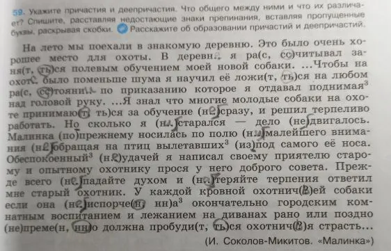 59. Укажите причастия и деепричастия. Что общего между ними и что их различает? Спишите, расставляя недостающие знаки препинания, вставляя пропущенные буквы, раскрывая скобки.