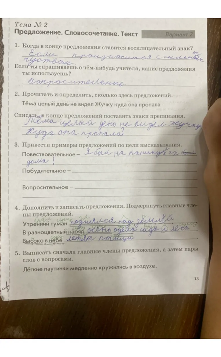 Привести примеры предложений по цели высказывания. Дополнить и записать предложения. Подчеркнуть главные члены предложения. Выписать сначала главные члены предложения, а затем пары слов с вопросами.