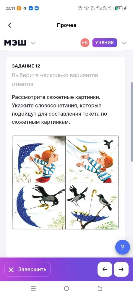 Укажите словосочетания, которые подойдут для составления текста по сюжетным картинкам.