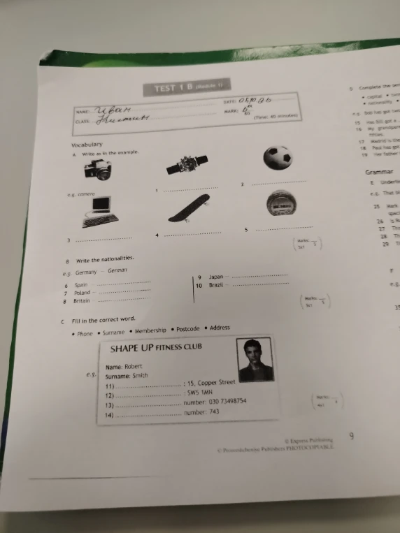 TEST 1 B (Module 1). Vocabulary, Nationalities, Fill in the correct word.