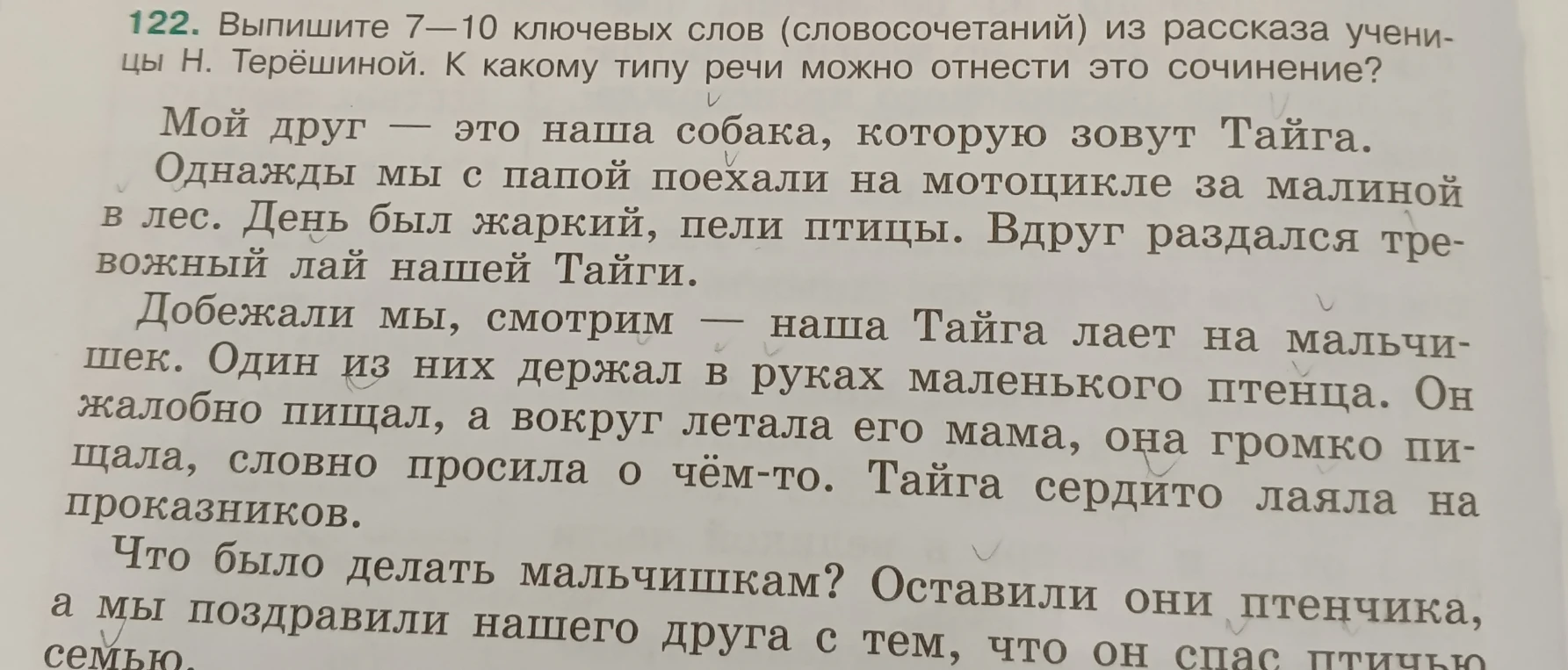 122. Выпишите 7—10 ключевых слов (словосочетаний) из рассказа ученицы Н. Терёшиной. К какому типу речи можно отнести это сочинение?