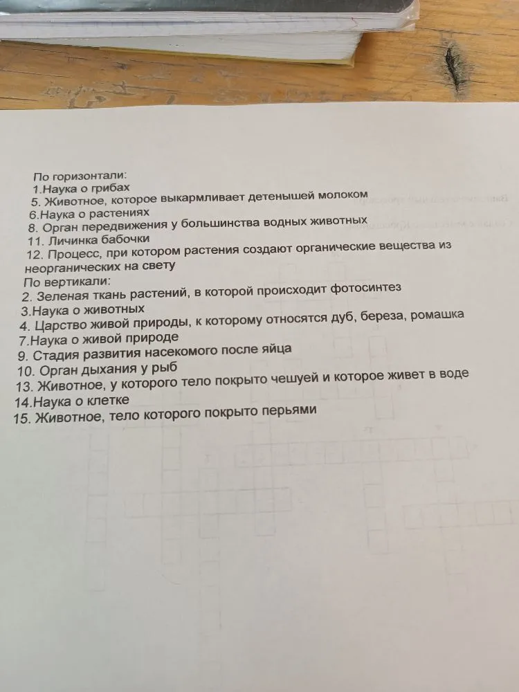 По горизонтали: 1.Наука о грибах. 5. Животное, которое выкармливает детенышей молоком. 6.Наука о растениях...
