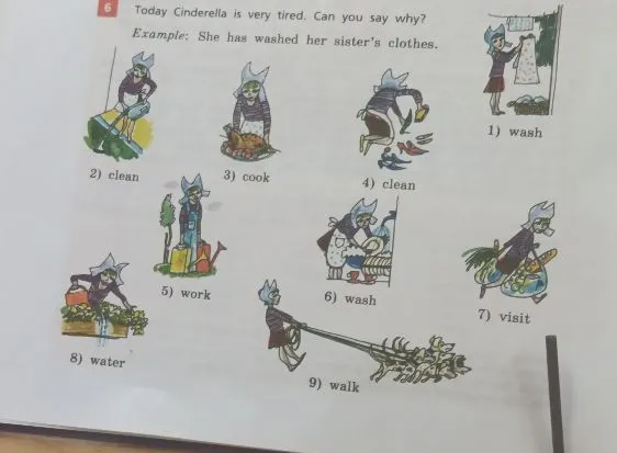 Today Cinderella is very tired. Can you say why? Example: She has washed her sister's clothes.
