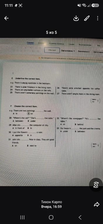 E Underline the correct item. e.g. There is any/a wardrobe in the bedroom. 23 There is a/an fireplace in the living room.