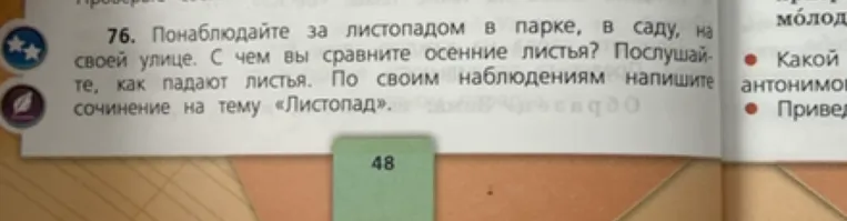 76. Понаблюдайте за листопадом в парке, в саду, на своей улице. С чем вы сравните осенние листья? Послушайте, как падают листья. По своим наблюдениям напишите сочинение на тему «Листопад».