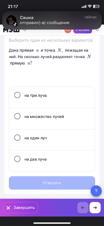 Дана прямая n и точка N, лежащая на ней. На сколько лучей разделяет точка N прямую n?