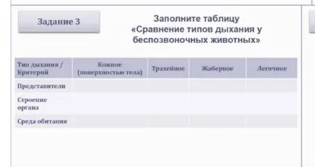 Заполните таблицу «Сравнение типов дыхания у беспозвоночных животных»